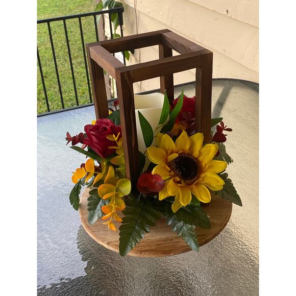 Sunflower & Rose Lantern Centerpiece – Rustic Farmhouse Table Decor Fall Accent - Picture 3 of 5